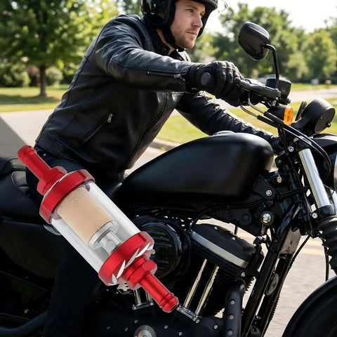 Motorcyclist with Five Sixteenth Inch Beefy Inline Gas Filter With Reusable Aluminum Body And Clear Glass attached to the bike.