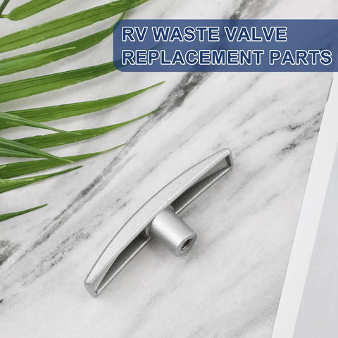 Two Pack RV Waste Valve Handle Replacement For 1/2 Inch, 1-1/2 Inch, 2 Inch And 3 Inch Gate Valves, aluminum handle on marble table.