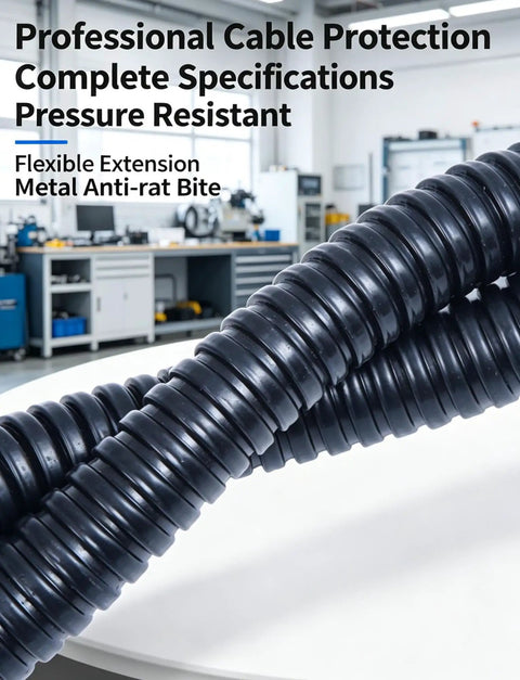 Wicked Tough PVC Coated Liquid Tight Flexible Metal Conduit with Galvanized Steel Core for Heavy Duty Wire Protection and Waterproof Cable Management Indoors or Outdoors Built Like a Tank Against Crushes and Impacts for Serious Jobs, close-up view in workshop setting.