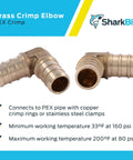 Half Inch Crimp 90 Degree Brass Plumbing Elbow Fitting Pack Of 10 For PEX And PE RT Tubing Lead Free Build Full Flow With Copper Crimp Rings Or Stainless Clamps For Easy No Fuss Home Plumbing Installations displayed with features