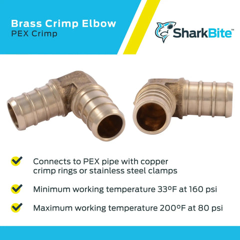 Half Inch Crimp 90 Degree Brass Plumbing Elbow Fitting Pack Of 10 For PEX And PE RT Tubing Lead Free Build Full Flow With Copper Crimp Rings Or Stainless Clamps For Easy No Fuss Home Plumbing Installations displayed with features