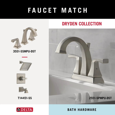 Delta Dryden Collection faucet and shower head, stainless steel finish, shown mounted on a bathroom countertop.