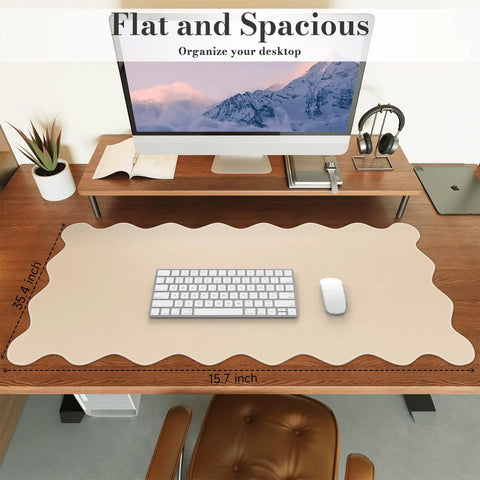 Extra Large PU Leather Desk Pad With Scalloped Edges on wooden desk, keyboard and mouse on top, 40x90 cm, beige tone