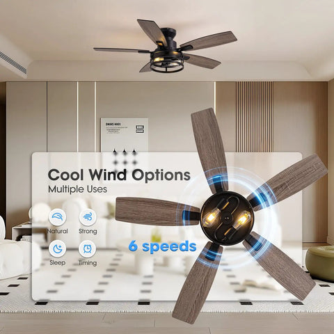 46 Inch Ceiling Fan With Lights And Remote Control, Matte Black Flush Mount Ceiling Fan demonstrating cool wind options
