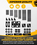 Heavy Duty 58-Piece T-Slot Clamp Kit With 1/2 And 3-8 Studs showing steel components and plastic storage box for CNC machining.
