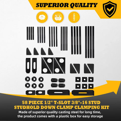 Heavy Duty 58-Piece T-Slot Clamp Kit With 1/2 And 3-8 Studs showing steel components and plastic storage box for CNC machining.
