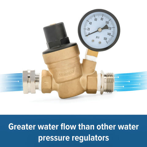 Side view of Camco brass adjustable RV/marine water pressure regulator with gauge and garden hose threads.