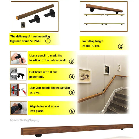 Premium Solid Wood Stair Handrail 2 Foot Wall Mounted Guardrail installation guide with mounting legs and tools.