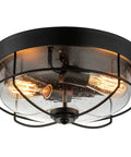 Industrial Black 13 Inch Flush Mount Ceiling Light With Seeded Glass Shade And Metal Cage For Kitchen Dining Room Foyer And Hallway