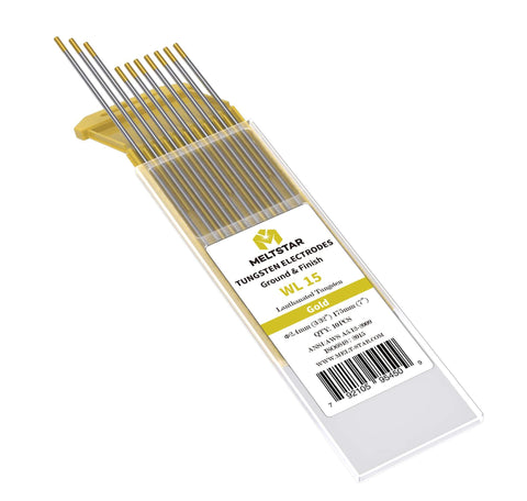 Lanthanated TIG Welding Tungsten Electrodes 1.5 Percent WL15 Gold 3 Thirty Second Inch By 7 Inch Ten Pack in clear container
