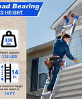 Heavy Duty Multi Position Telescoping Ladder With Smooth Roll Wheels 14 Ft Reach Up High 5 In 1 Workhorse Secure Locking Clamps in use measuring a wall.