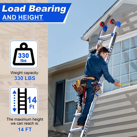 Heavy Duty Multi Position Telescoping Ladder With Smooth Roll Wheels 14 Ft Reach Up High 5 In 1 Workhorse Secure Locking Clamps in use measuring a wall.