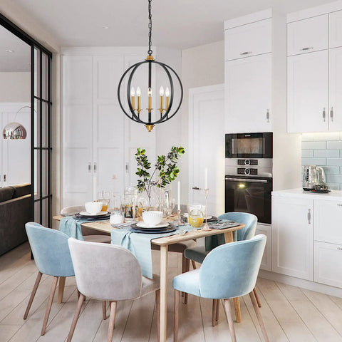 Five Light Farmhouse Pendant Lantern Chandelier In Black With Adjustable Height Chain over dining table in modern kitchen