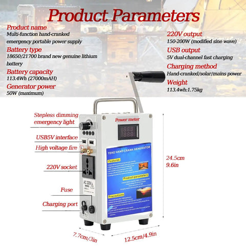 Power Up Anywhere Hand Crank Generator For Off Grid Living And Emergency Lighting with power meter and USB interface