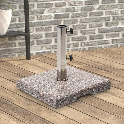 Beefy Granite Patio Umbrella Base Free Standing Stone Stand In Weather Resistant Grey 42 Lb Weight Square Design On Wood Deck