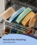 Colorful ceramic cookware set inside dishwasher showcasing easy cleaning and dishwasher safety.