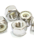 Close-up of 1/4-20 Nylon Insert Lock Nut Set Of 100 Stainless 304 Hex Lock Nuts With Nylon Insert, corrosion resistant plain finish