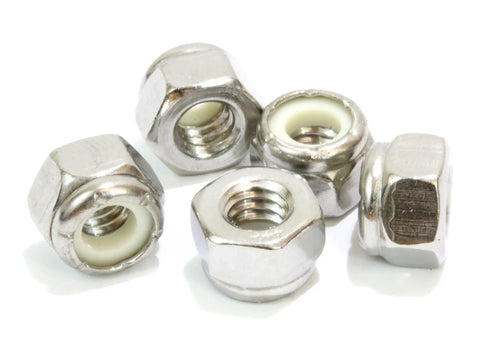 Close-up of 1/4-20 Nylon Insert Lock Nut Set Of 100 Stainless 304 Hex Lock Nuts With Nylon Insert, corrosion resistant plain finish