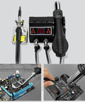 Soldering Station Kit With 8118 Hot Air Gun 2 Rolls Solder Wire 5 Tips Stand Desoldering Pump And Curved Tweezers For Easy Electronics Rework And Quick Fixes, showing tools in use on circuit boards.