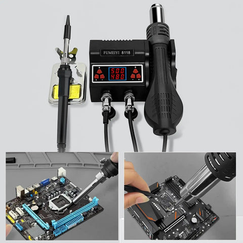 Soldering Station Kit With 8118 Hot Air Gun 2 Rolls Solder Wire 5 Tips Stand Desoldering Pump And Curved Tweezers For Easy Electronics Rework And Quick Fixes, showing tools in use on circuit boards.