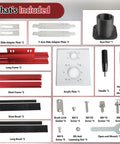 Contents of Dust Collection Router Sled Kit including adapter plates, acrylic base, handle, brushes, and screws.