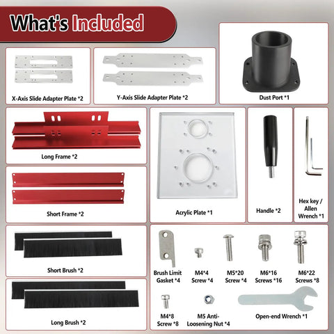 Contents of Dust Collection Router Sled Kit including adapter plates, acrylic base, handle, brushes, and screws.