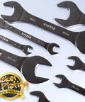 Ultra Slim Open End Wrench Set 10 Piece Metric With Rolling Pouch Includes 5.5 7 8 9 10 11 12 13 14 15 16 17 18 19 20 21 22 23 24 27 Millimeter Nickel Coated CRV Steel For Tight Spaces displayed