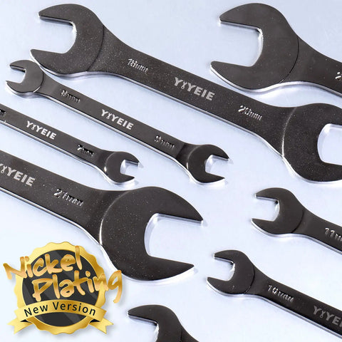 Ultra Slim Open End Wrench Set 10 Piece Metric With Rolling Pouch Includes 5.5 7 8 9 10 11 12 13 14 15 16 17 18 19 20 21 22 23 24 27 Millimeter Nickel Coated CRV Steel For Tight Spaces displayed