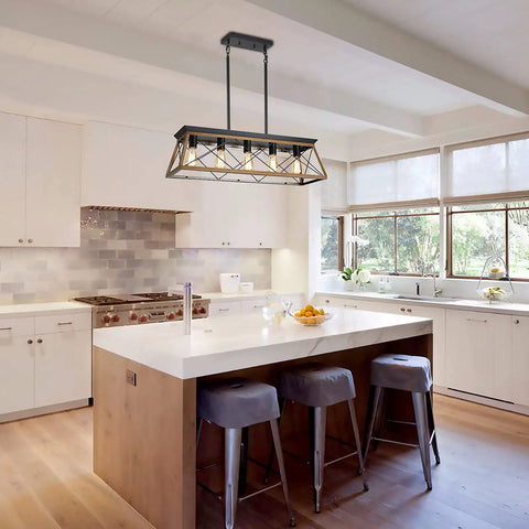 Farmhouse Five-Light Linear Pendant Chandelier For Dining Room And Kitchen Island in modern white kitchen setting