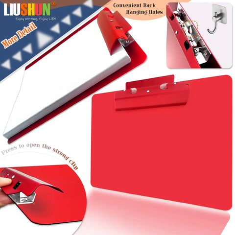 Horizontal Aluminum Clipboard With Secure Spring Clip Letter Size Flat Hangable Contractor Clipboard in red.