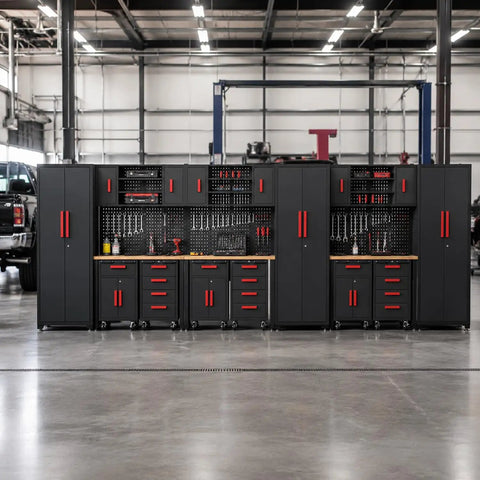 Top Shelf Heavy Duty Steel Garage Storage Cabinet System With Smooth Rolling Tool Chest And Secure Locking Drawers for workspace organization.