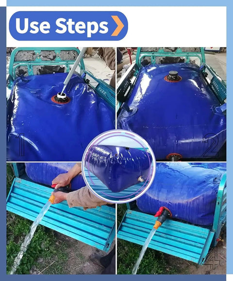 Steps showing use of Massive Capacity Collapsible Water Bladder Tank For Gardens And Farms, 1136L Portable Water Storage Bag