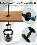 Upgraded Nylon Universal Cable Tie Buckle Self Locking Kit used to hold a 50lbs weight, demonstrating tensile strength and versatility.