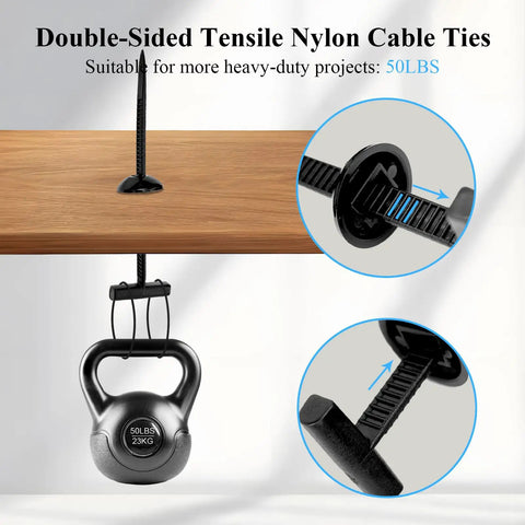 Upgraded Nylon Universal Cable Tie Buckle Self Locking Kit used to hold a 50lbs weight, demonstrating tensile strength and versatility.