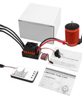 Beefed Up 1/10 Scale Brushless RC Motor And 60A ESC Combo With 4370KV F540 Sensorless Motor and programming card displayed.