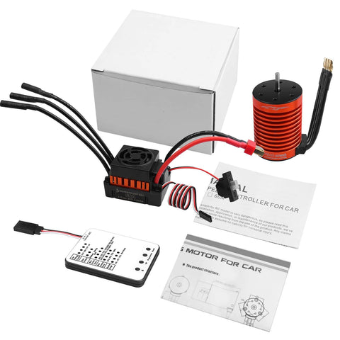 Beefed Up 1/10 Scale Brushless RC Motor And 60A ESC Combo With 4370KV F540 Sensorless Motor and programming card displayed.