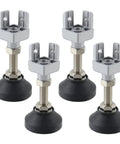 Kickass Heavy Duty Adjustable Leg Mounts For 3030 T Slot Aluminum Extrusions with silver hardware and thick nylon pads, four pack.