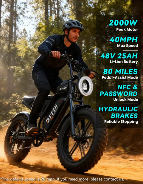 Rider on Powerful Fat Tire Electric Bike For Adults With Rack Moped Style E Bike 48V 25Ah Battery 20 By 4 Inch Fat Tires NFC Unlock Big Color LCD 750W Motor 2000W Peak UL 2849 Certified Red, riding on dirt path in forest