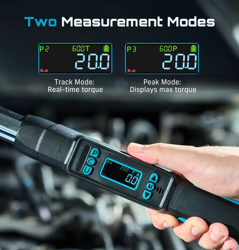 3/8-Inch Drive Digital Torque Wrench With LCD Display in use, showing real-time and peak mode readings, ideal for precise maintenance.