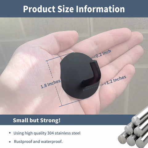 Hand holding Heavy Duty Waterproof Adhesive Hooks For Bathroom Stainless Steel 304 Black Stick On Wall Hooks, size details shown.