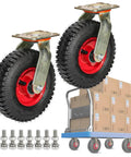 Heavy Duty Swivel Caster Wheels With Mounting Screws Pneumatic Rubber Tires Roll Super Smooth, displayed with cart and hardware.