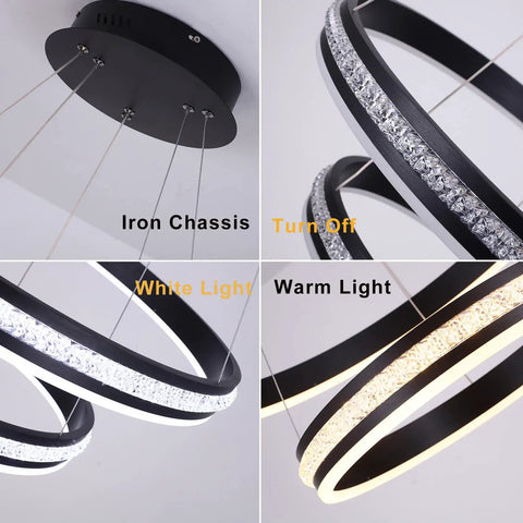 Modern Crystal Chandelier With Dimmable LED Pendant Light In Black, Acrylic Double Ring Design, remote dimmer operation