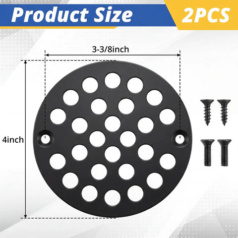 2 Pack 4 Inch Matte Black Stainless Steel Drain Cover Round 304 Rustproof Shower Floor Drain Cap Screw In Clog Guard Built Like A Tank Zero Hassle Install Flawless Flow with dimensions shown.