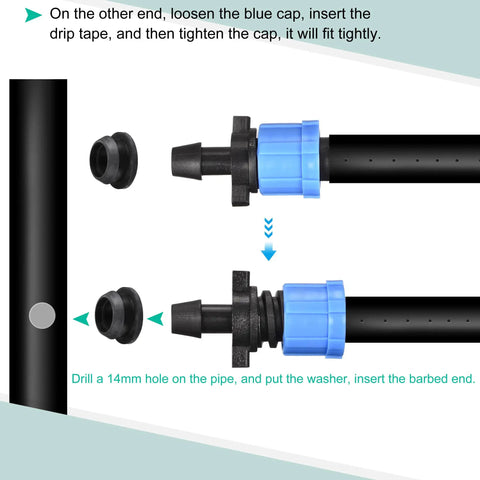 Drip Irrigation Barbed Locking Fittings With Washers For 16mm Drip Tape Tubing Sprinkler System Easy Install Durable PE Plastic Blue