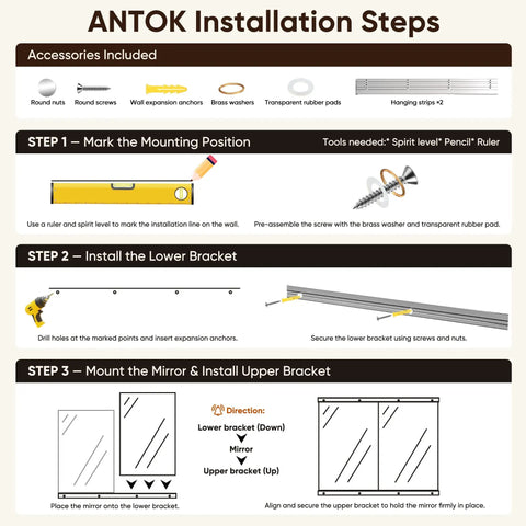 Installation guide for Two Piece Full Body Mirrors 48 By 24 Inches Frameless Tempered Glass Wall Mounted For Home Gym Yoga And Dance Studio.