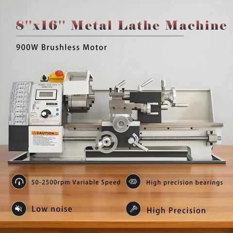 Jaryannix 8X16 Benchtop Mini Metal Lathe With Variable Speed Control And Digital Display on wooden surface, featuring 900W motor.