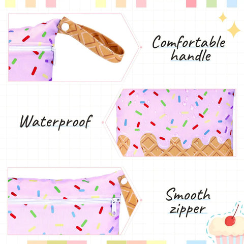Ice Cream Pink Two Pack Waterproof Wet Dry Bags Set With Zipper Pouches showing comfortable handle, waterproof fabric, smooth zipper