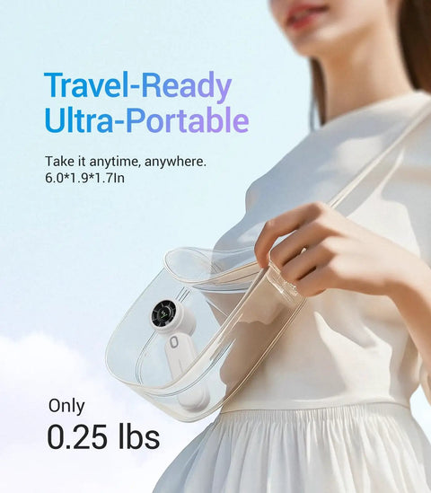 High Speed Portable Handheld Turbo Fan USB Rechargeable Pocket Fan for Travel Outdoor Home Office use, shown in clear bag