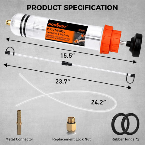 No Sweat 500 Cc Manual Fluid Extractor Pump With Long Hose For Dead Simple Oil Removal Smooth Brake Fluid Swap And Quick Coolant Fill On Trucks Or Classic Cars specifications including measurements and components.