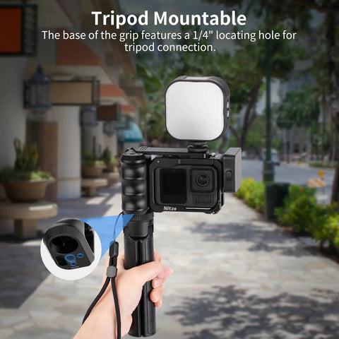 Street Snap Grip Kit For GoPro Hero 13 12 11 10 9 Black With Metal Cage And Ergonomic Handle, anti-slip strap shown in use